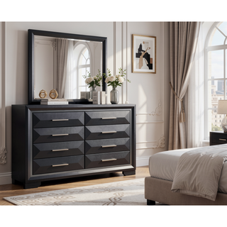 Sunvega Modern Black Wood Veneer Nightstand with Two Drawers for Bedroom