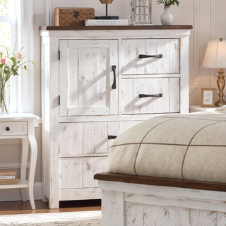 Sunvega Modern Transitional Chest with Metal Drawer Handles in Distressed White and Walnut Finish