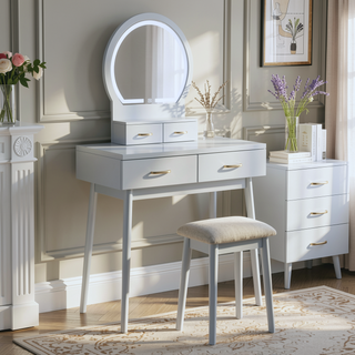 Sunvega Pink Finish Vanity Dresser with Mirror and Stool Set LED Light