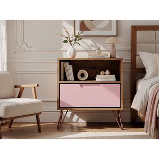 Sunvega Mid-Century Modern Pink Nightstand with Drawer and Open Shelf