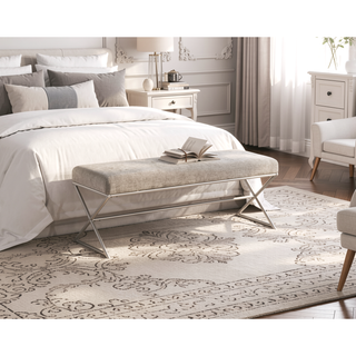 Sunvega Beige Tufted Upholstered Bench with Plush Cushioned Seat and Champagne Metal Legs