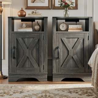 Sunvega White & Oak Farmhouse Nightstand with Electrical Outlets Charging Station and Storage