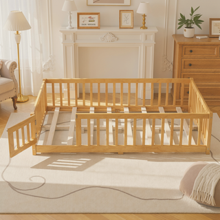 Sunvega Twin Size Floor Bed with Safety Guardrails and Door for Kids in Natural
