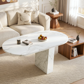 Sunvega Modern Farmhouse Oval Dining Table with Realistic Marble Top for 6