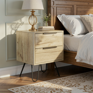 Sunvega Light Oak Nightstand with Two Drawers and Hairpin Metal Legs