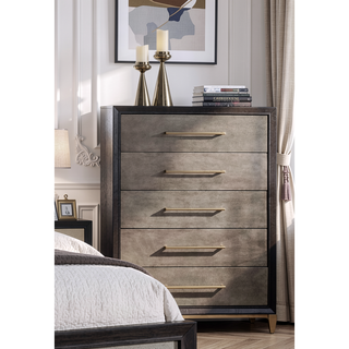 Sunvega Contemporary Dark Wood Nightstand with Brushed Gold Hardware and Tapered Legs