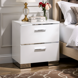 Sunvega Contemporary Wood and Metal Nightstand with 2 Drawers in White and Silver