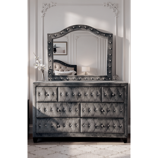 Sunvega Cream Velvet Upholstered Crystal Tufted 7-Drawer Dresser with Wood Frame