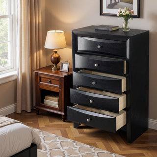 Sunvega Black Finish Chest with Five Spacious Drawers and Elegant Okume Veneer Top