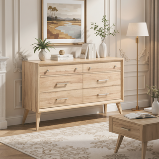 Sunvega Classic Style Dresser with 6 Drawers and Natural Oak Finish for Bedroom