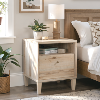 Sunvega Brown Finish Night Stand with Spacious Top and Open Shelf