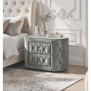 Sunvega Modern Gray Tufted Upholstery Nightstand with 8mm Glass Top and Two Drawers