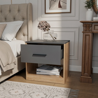 Sunvega Natural Oak and Matt Grey Nightstand with Drawer and Open Storage Shelf