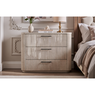 Sunvega Taupe Reeded Front Chest with 4 Storage Drawers and Metal Accent Base