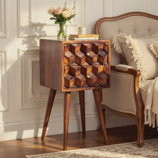 Sunvega Solid Wood Mini Cube Nightstand with 2 Drawers in Chestnut Brown