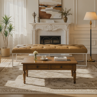 Sunvega Harper Tan Leather Bench with Padded Seat and Teak Wood Frame