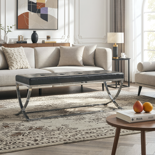 Sunvega Black Leatherette Bench with Chrome Frame and Gentle Contours