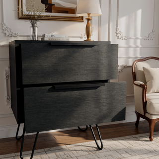 Sunvega Modern Black Wengue Finish Nightstand with Two Drawers and Hairpin Legs