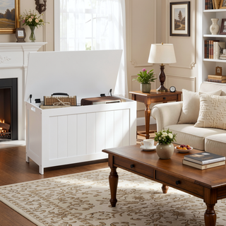 Sunvega Wooden Storage Chest with Safety Hinges and Side Handles White