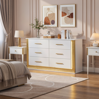 Sunvega Gold Finish Wood Dresser with LED Mirror for Bedroom Decor