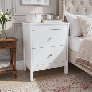 Sunvega Compact White Nightstand with 2 Smooth-Gliding Drawers for Bedroom Storage