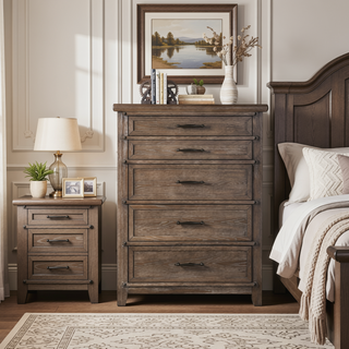 Sunvega Transitional Brown Oak Veneer Panel Headboard 5-Drawer Chest with Ball Bearing Glides