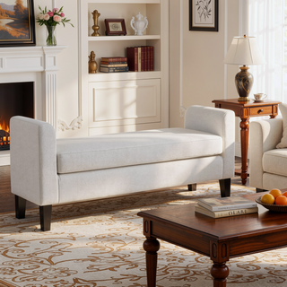 Sunvega Vanilla Fabric Upholstered Accent Bench with Foam-Padded Seat and Armrests
