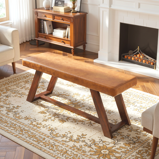 Sunvega Genuine Leather Upholstered Bench With Solid Wood Legs In Tan