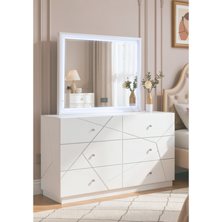 Sunvega White Lacquer Dresser with Six Smooth-Glide Drawers and Marble Accents
