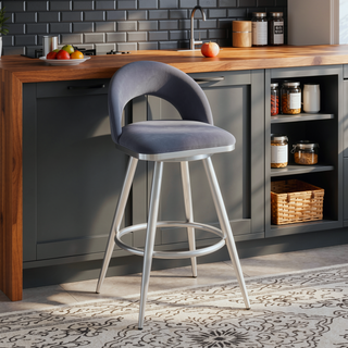 Sunvega Swivel Bar Stool with Gray Faux Leather Upholstery and Brushed Steel