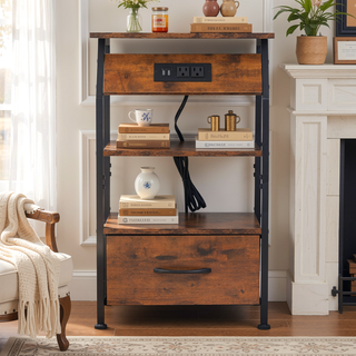 Sunvega Rustic Brown Nightstand with Charging Station USB Outlets and Non-Woven Drawer