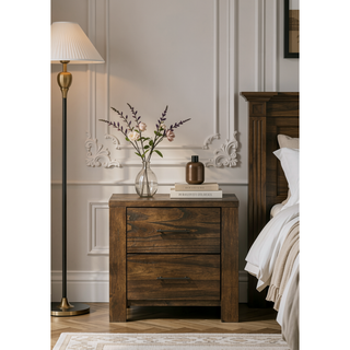 Sunvega Elegant Oak Nightstand with Two Spacious Drawers and Antique Brass Handles