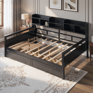 Sunvega Twin Size Daybed with Wood Slat Support, Bedside Shelf, and Two Drawers