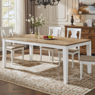 Sunvega Farmhouse-Inspired Rectangular Dining Table with White Base and Brown Wood Top