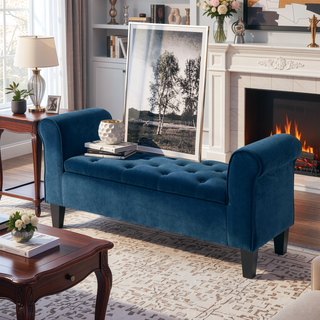 Sunvega Button-Tufted Velvet Ottoman Bench with Rolled Armrests and Storage for Living Room