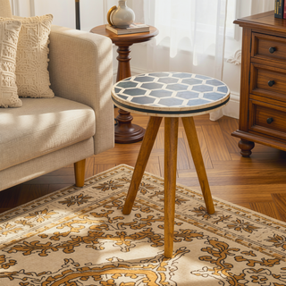 Sunvega Solid Mango Wood Tripod Stool with Black and White Bone Inlay Top