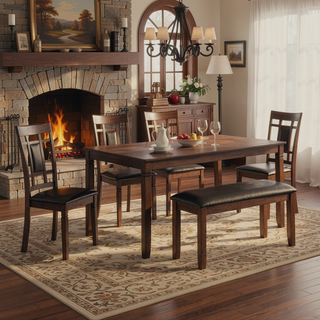 Sunvega Cherry Finish Dining Table Set with 4 Chairs and Bench