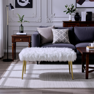 Sunvega White Faux Fur Upholstered Bench with Gleaming Gold Metal Legs