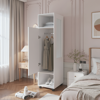 Sunvega White 1-Door Wardrobe with Mirror and Open Storage for Smaller Bedroom