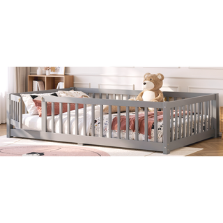 Sunvega Twin Size Floor Bed with Safety Guardrails and Door for Kids in Natural