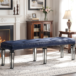 Sunvega Dark Navy Velvet Tufted Bench with Padded Apron and Mirrored Legs