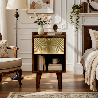 Sunvega Chestnut Finish Nordic Style Legs Brass Plated Drawer Nightstand