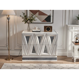 Sunvega Modern Nightstand with Gold Accents and Crystal Drawers in River Sand Grey