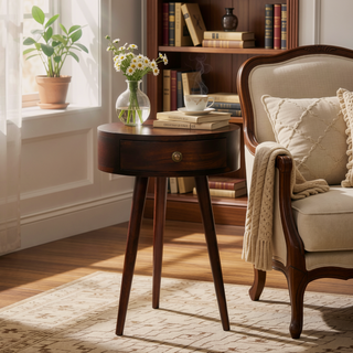 Sunvega Solid Wood Nordic California Walnut Circular Bedside Table with Drawer