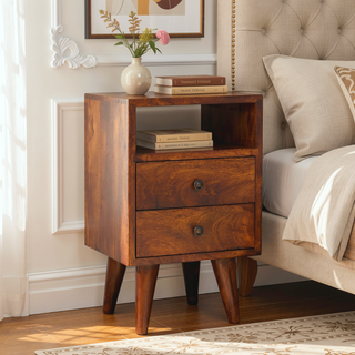 Sunvega Solid Wood Mini Classic Chestnut Bedside Table with 2 Drawers
