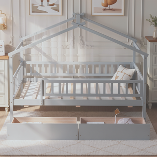 Sunvega Twin Size Wooden House Bed with Two Drawers and Headboard in White