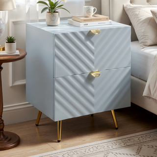Sunvega Gaines Gray High Gloss Finish Nightstand with 2 Storage Drawers and Metal Legs
