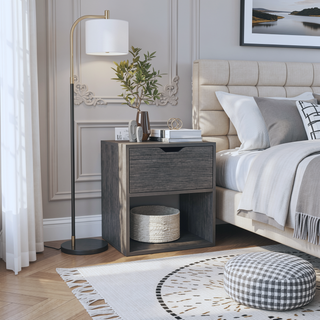 Sunvega Light Gray Nightstand End Table with Drawer and Open Shelf