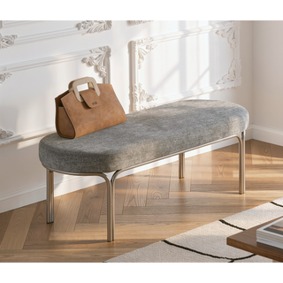 Sunvega Beige Tufted Upholstered Bench with Plush Cushioned Seat and Champagne Metal Legs