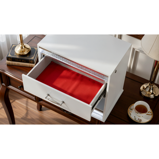 Sunvega Glam Modern White Wood Nightstand with LED Lights and Velvet Lined Drawer